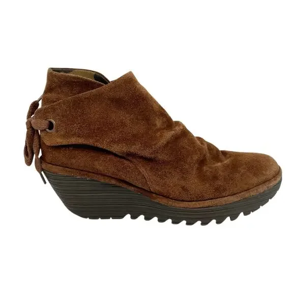 Fly London Yebi Camel Brown/Tan Suede Wedge Booties Ankle Boots Size 10 - Picture 1 of 7